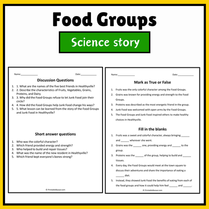 Food Groups | Science Story Reading Comprehension Activity