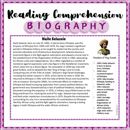 Haile Selassie | Biography Reading Comprehension and Questions Worksheet