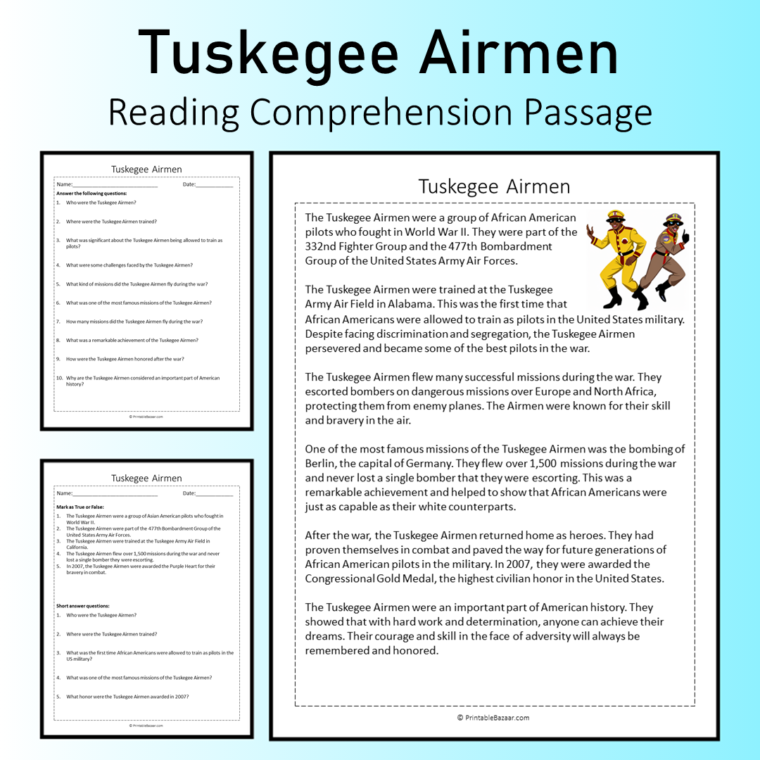 Tuskegee Airmen | Reading Comprehension Passage Printable Worksheet