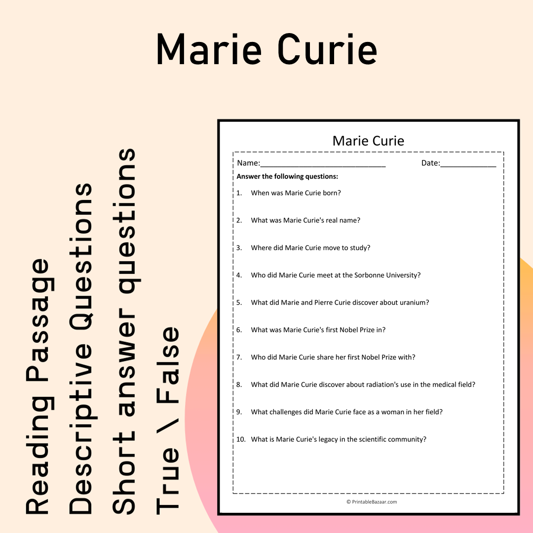 Marie Curie | Reading Comprehension Passage Printable Activity