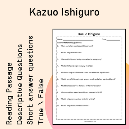 Kazuo Ishiguro | Reading Comprehension Passage Printable Activity
