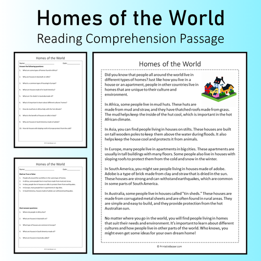 Homes of the World | Reading Comprehension Passage Printable Worksheet