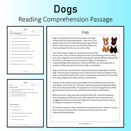 Dogs | Reading Comprehension Passage Printable Worksheet