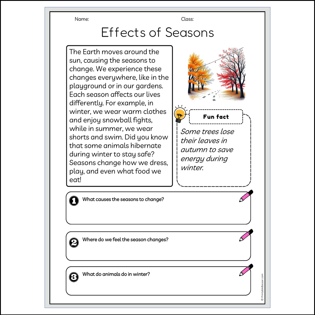 Effects of Seasons | Reading Passage Comprehension Questions Writing Facts Worksheet