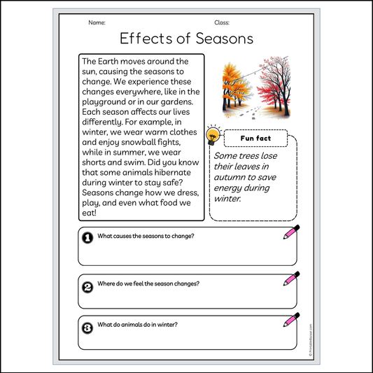 Effects of Seasons | Reading Passage Comprehension Questions Writing Facts Worksheet