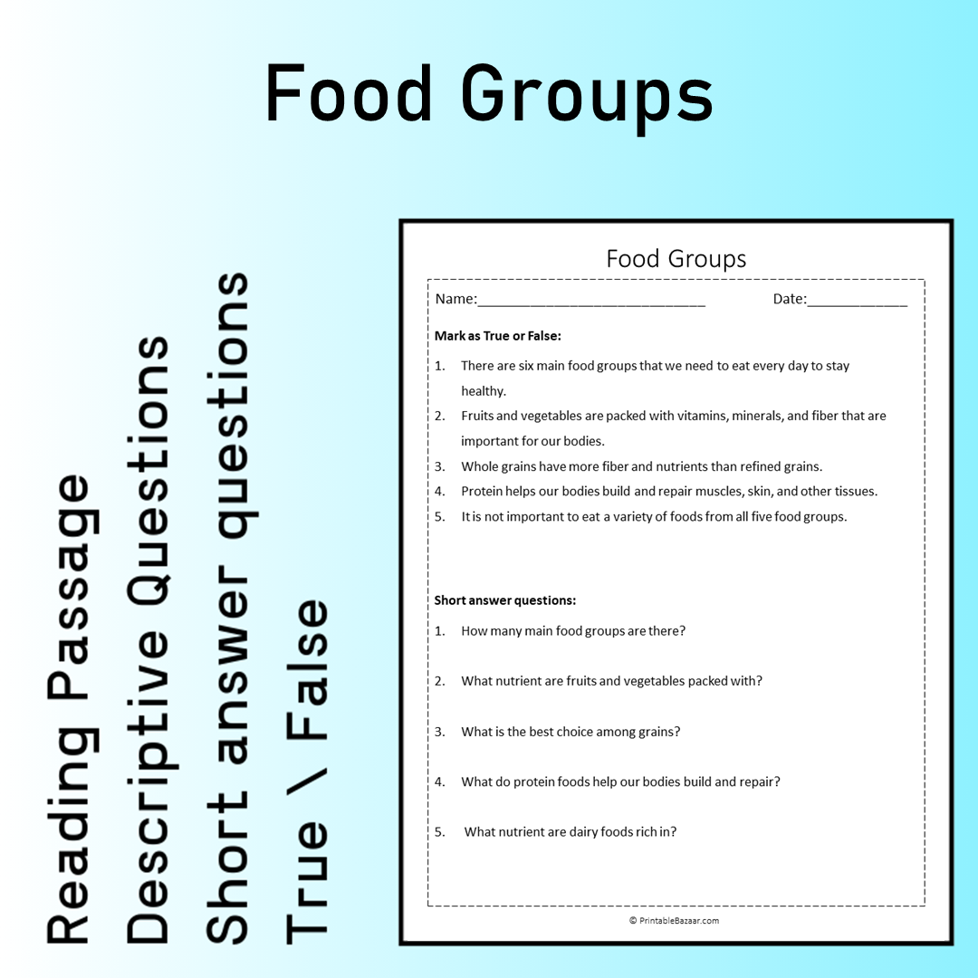 Food Groups | Reading Comprehension Passage Printable Worksheet