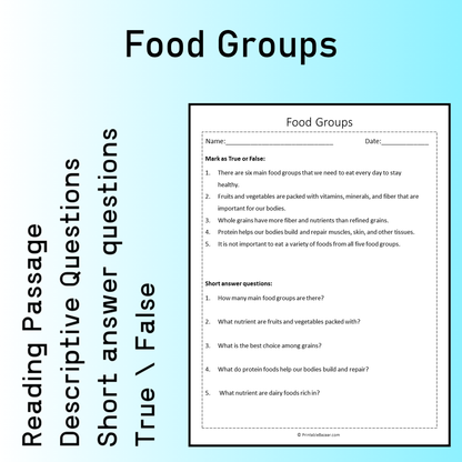Food Groups | Reading Comprehension Passage Printable Worksheet