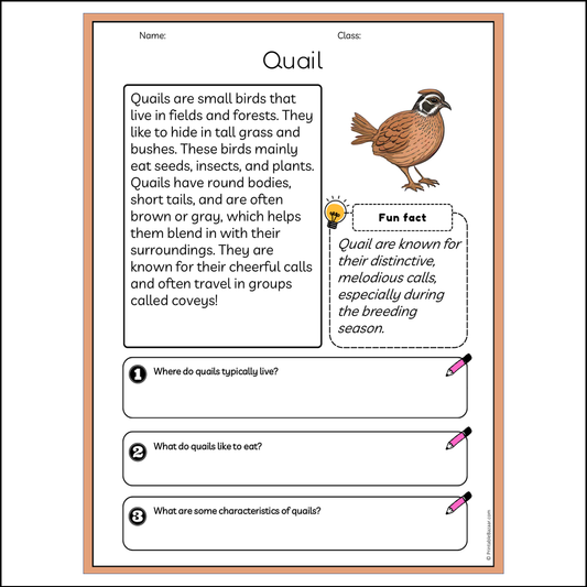 Quail | Reading Passage Comprehension Questions Writing Facts Worksheet