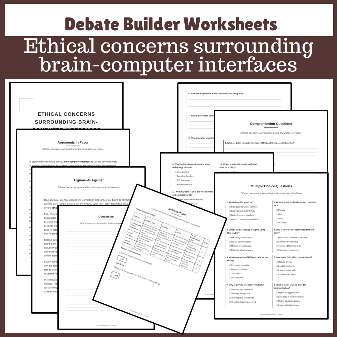 Ethical concerns surrounding brain-computer interfaces | Favour and Against Worksheet Printable Activity