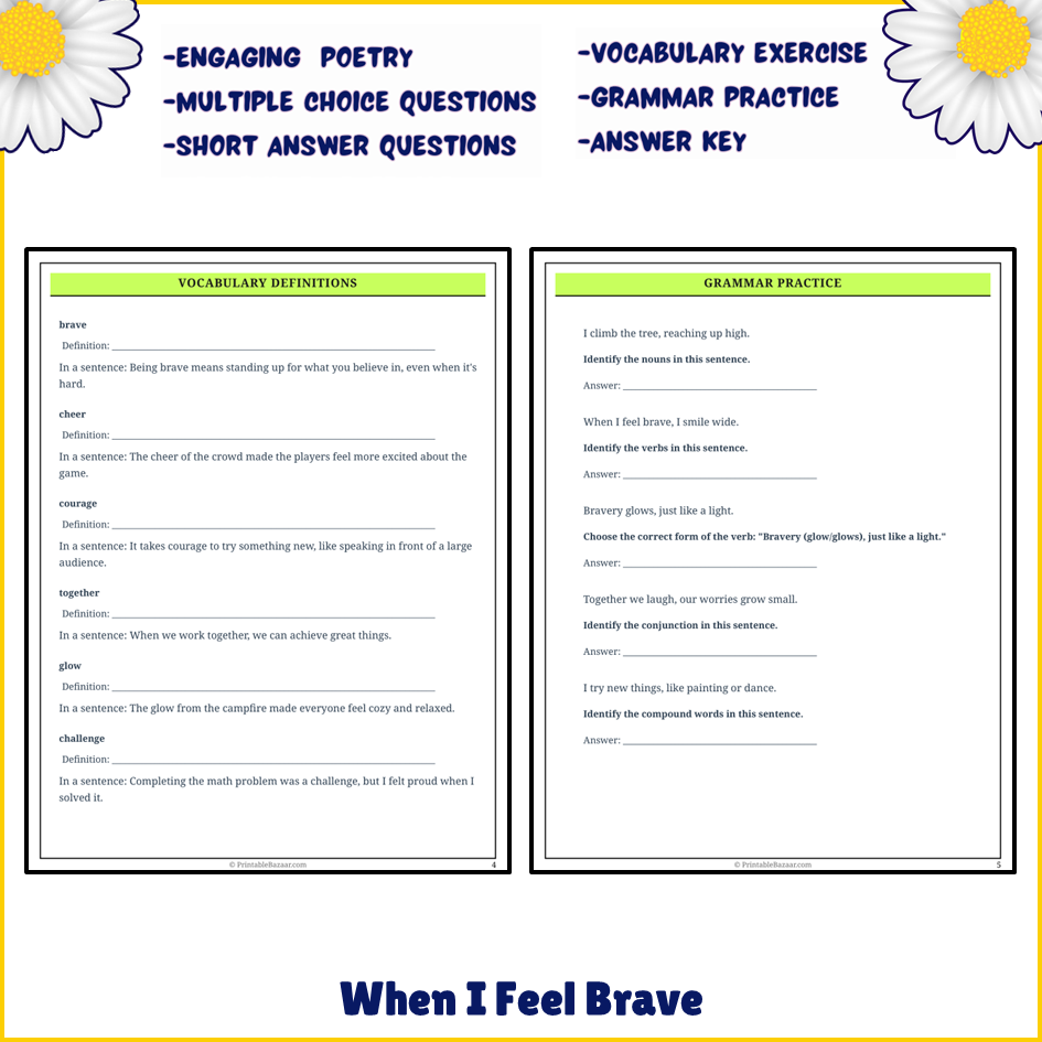 When I Feel Brave | Poem Grammar Worksheet Printable Activity