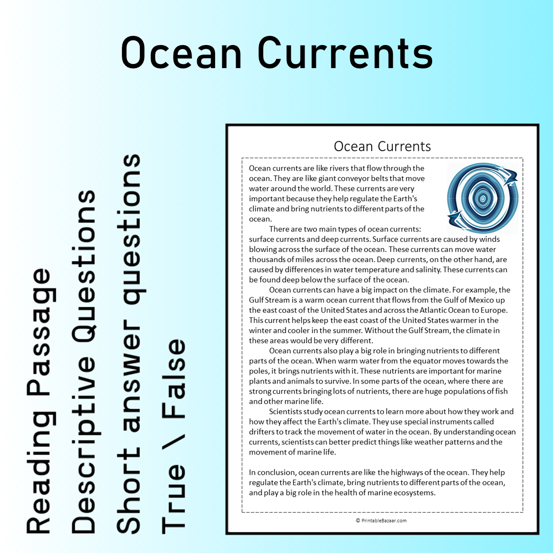 Ocean Currents | Reading Comprehension Passage Printable Worksheet