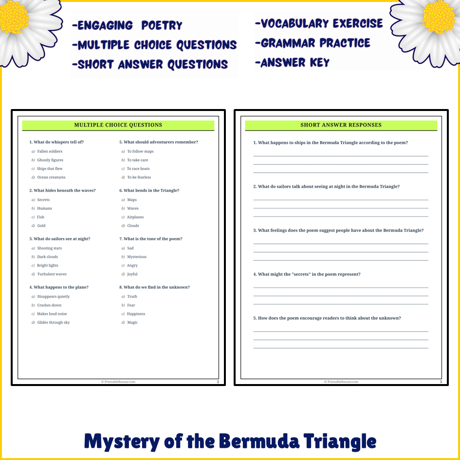 Mystery of the Bermuda Triangle | Poem Grammar Worksheet Printable Activity