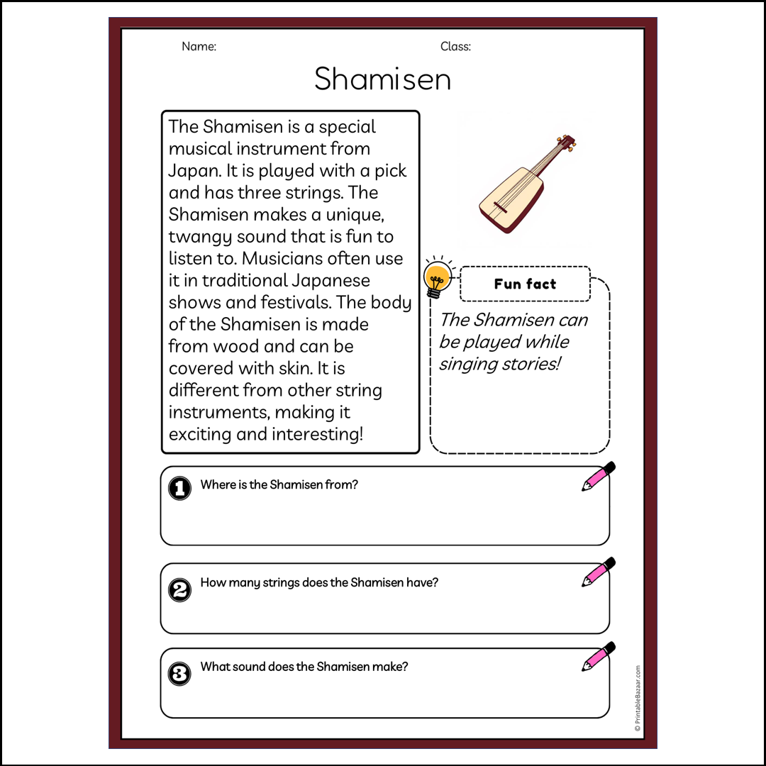 Shamisen | Reading Passage Comprehension Questions Writing Facts Worksheet