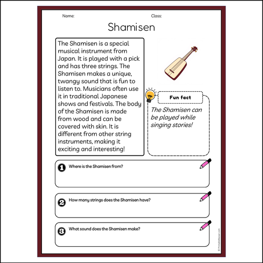 Shamisen | Reading Passage Comprehension Questions Writing Facts Worksheet