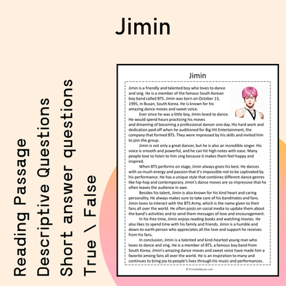 Jimin | Reading Comprehension Passage Printable Activity