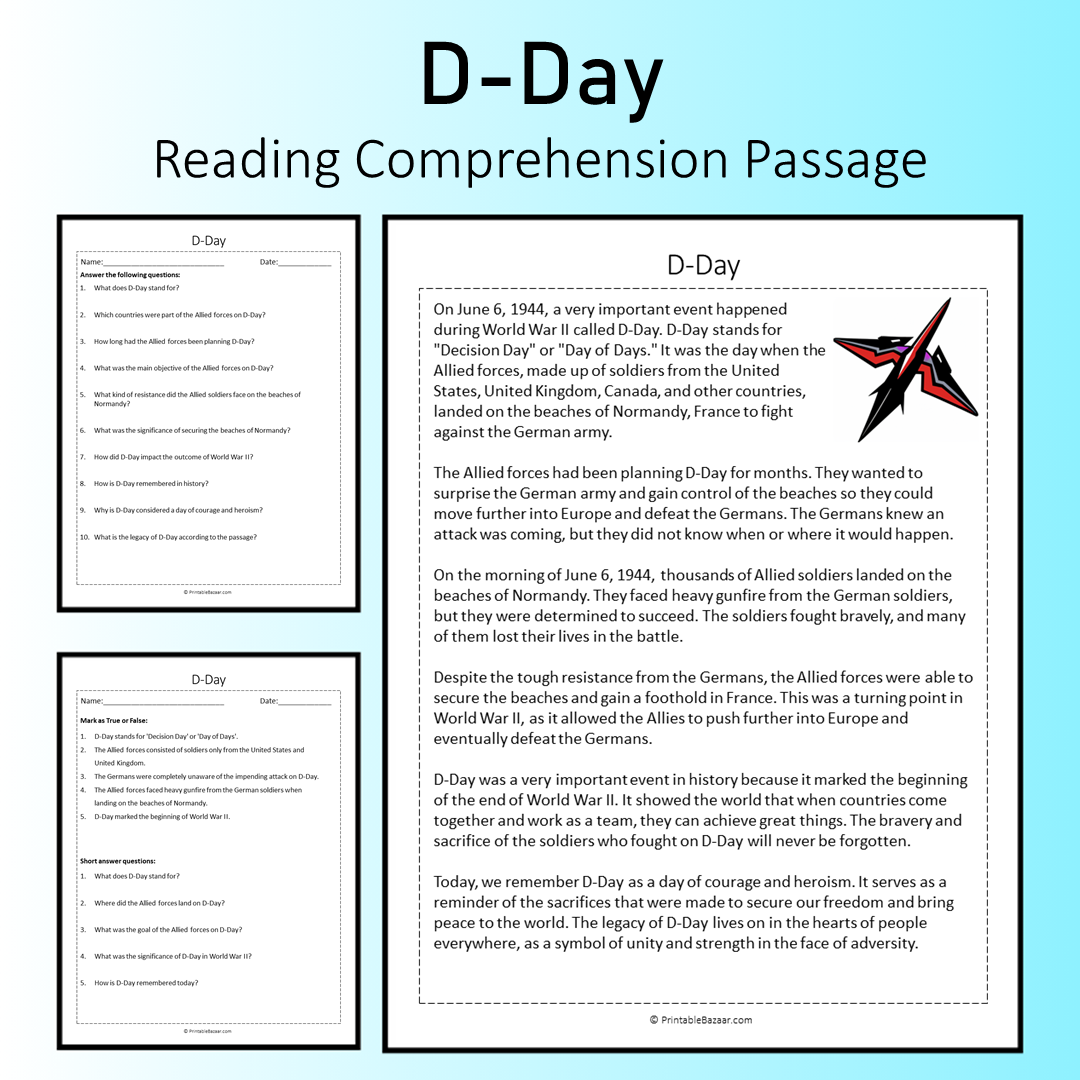 D-Day | Reading Comprehension Passage Printable Worksheet