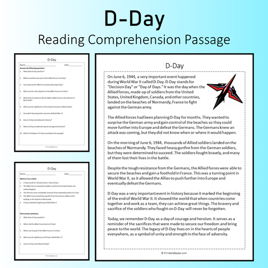 D-Day | Reading Comprehension Passage Printable Worksheet
