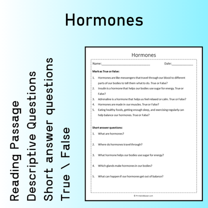 Hormones | Reading Comprehension Passage Printable Worksheet
