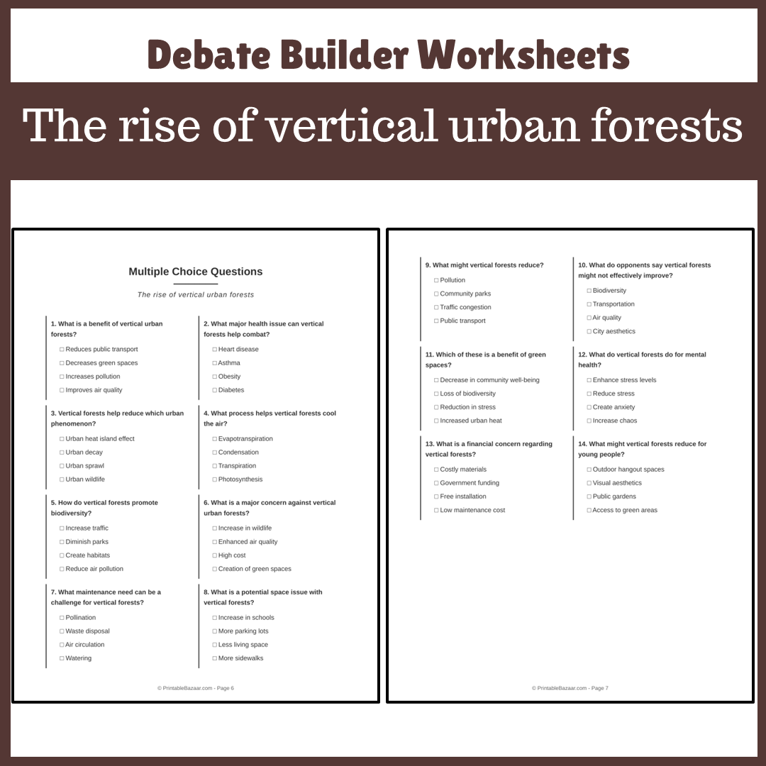 The rise of vertical urban forests | Favour and Against Worksheet Printable Activity