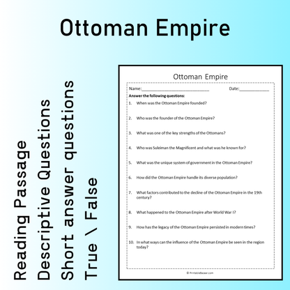 Ottoman Empire | Reading Comprehension Passage Printable Worksheet
