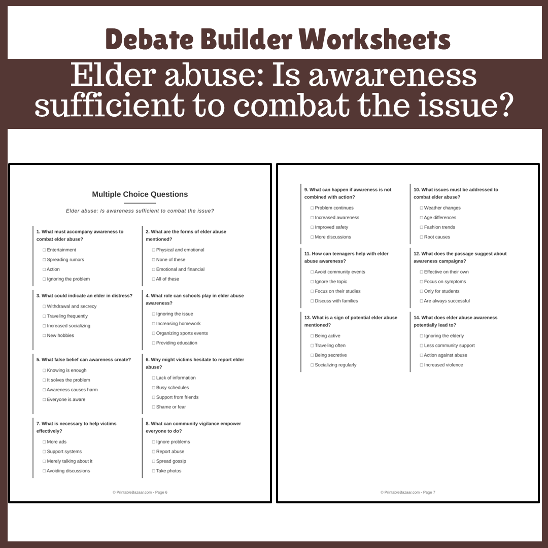 Elder abuse: Is awareness sufficient to combat the issue? | Favour and Against Worksheet Printable Activity