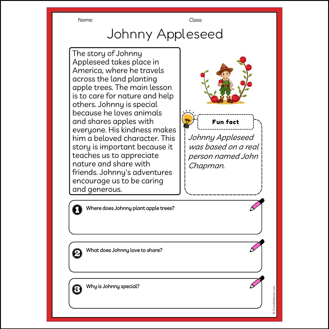 Johnny Appleseed | Reading Passage Comprehension Questions Writing Facts Worksheet