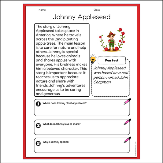 Johnny Appleseed | Reading Passage Comprehension Questions Writing Facts Worksheet