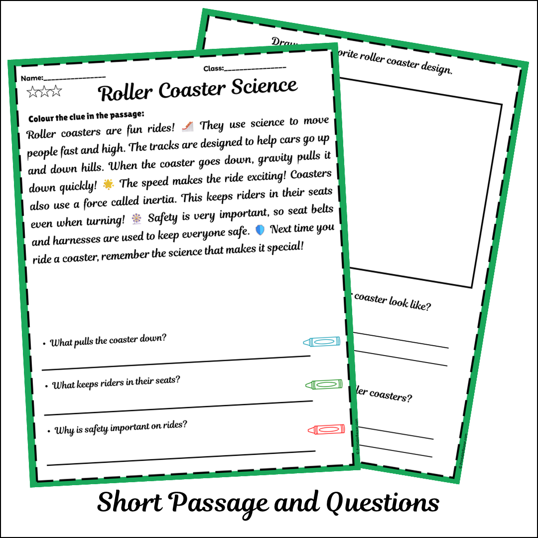 Roller Coaster Science | Short Reading Comprehension Creative Worksheet
