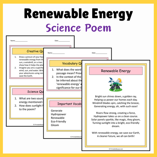 Renewable Energy | Science Poem Reading Comprehension Activity