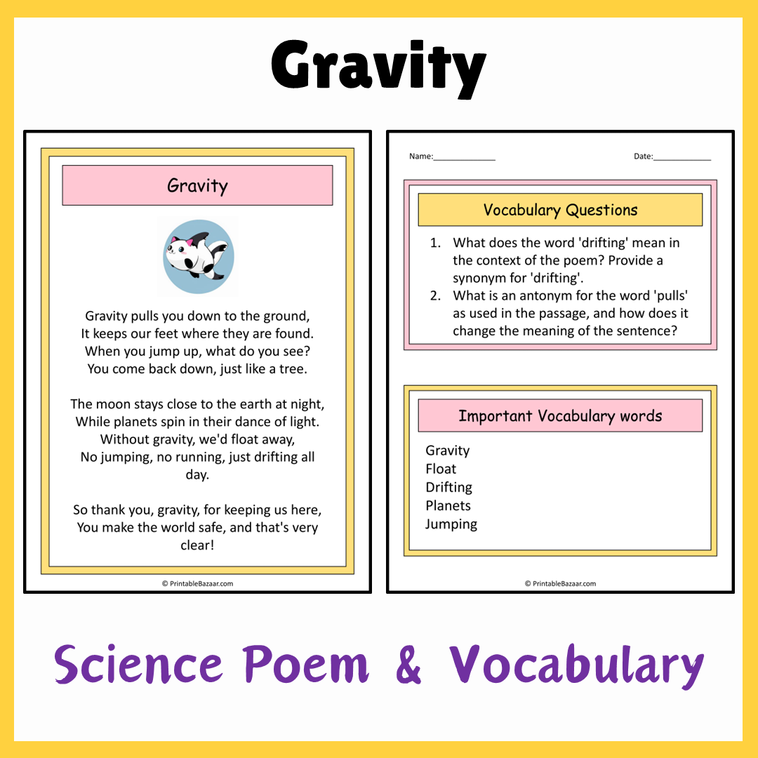 Gravity | Science Poem Reading Comprehension Activity