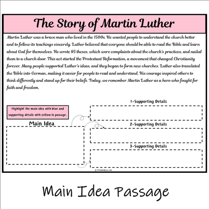 The Story of Martin Luther | Main Idea and Supporting Details Reading Passage and Questions