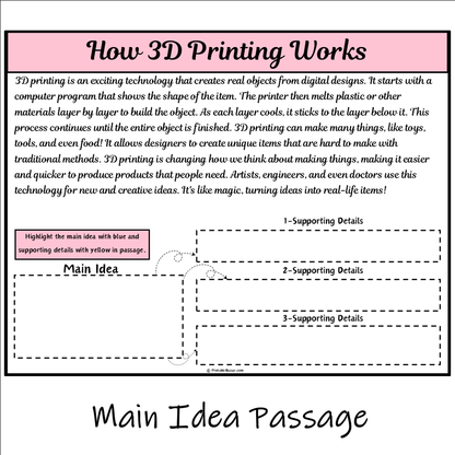 How 3D Printing Works | Main Idea and Supporting Details Reading Passage and Questions