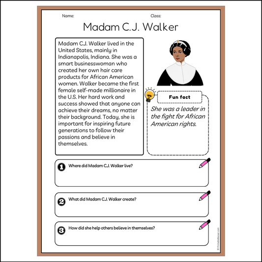 Madam C.J. Walker | Reading Passage Comprehension Questions Writing Facts Worksheet