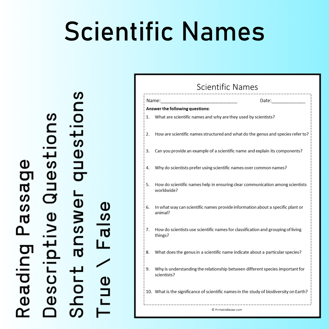 Scientific Names | Reading Comprehension Passage Printable Worksheet
