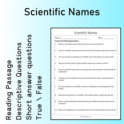 Scientific Names | Reading Comprehension Passage Printable Worksheet