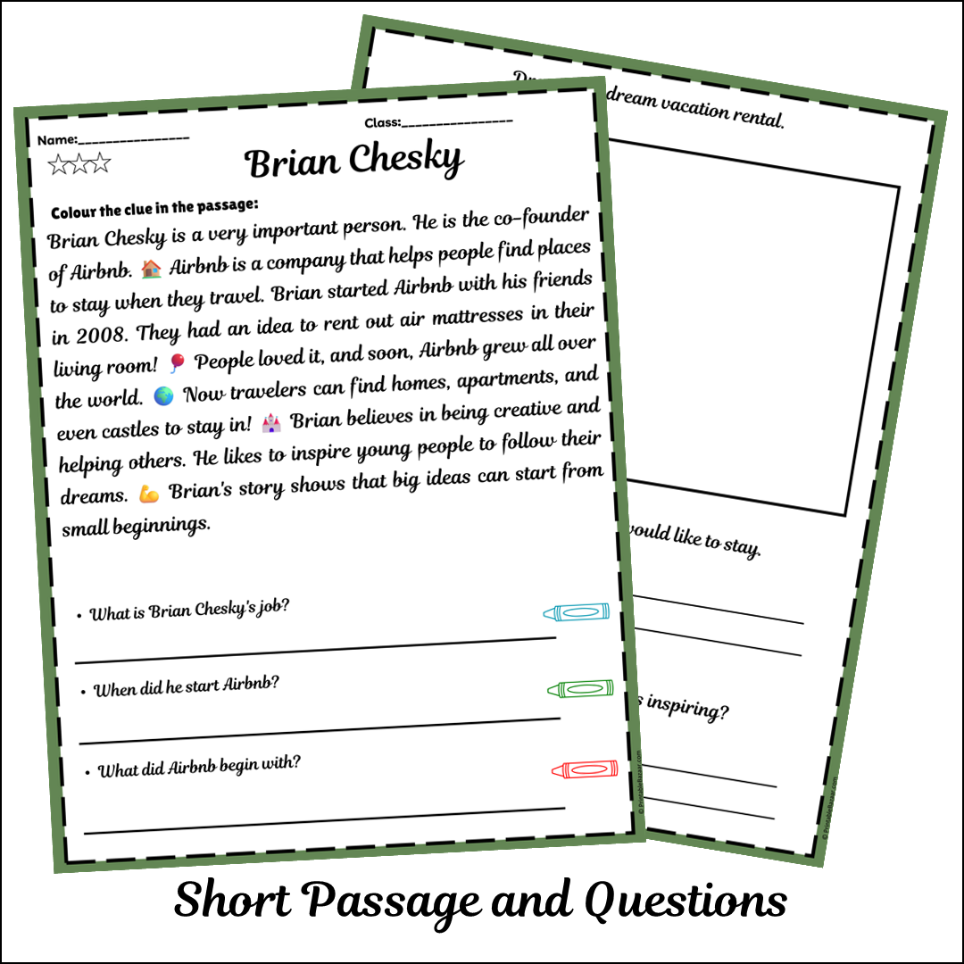 Brian Chesky | Short Reading Comprehension Creative Worksheet