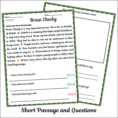 Brian Chesky | Short Reading Comprehension Creative Worksheet
