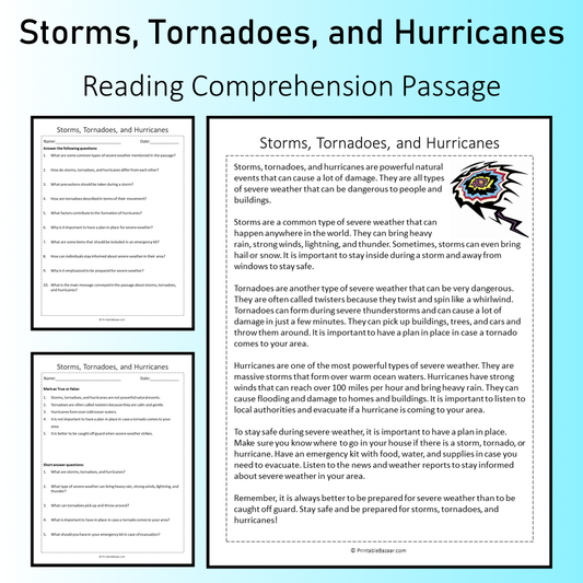 Storms, Tornadoes, and Hurricanes | Reading Comprehension Passage Printable Worksheet