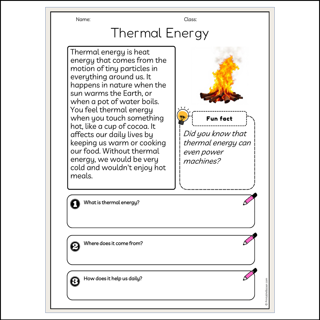 Thermal Energy | Reading Passage Comprehension Questions Writing Facts Worksheet