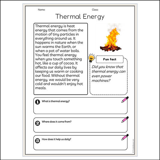 Thermal Energy | Reading Passage Comprehension Questions Writing Facts Worksheet