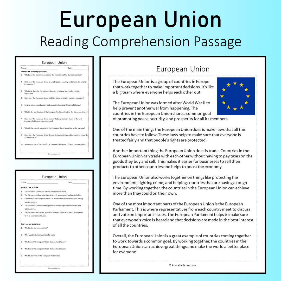 European Union | Reading Comprehension Passage Printable Worksheet