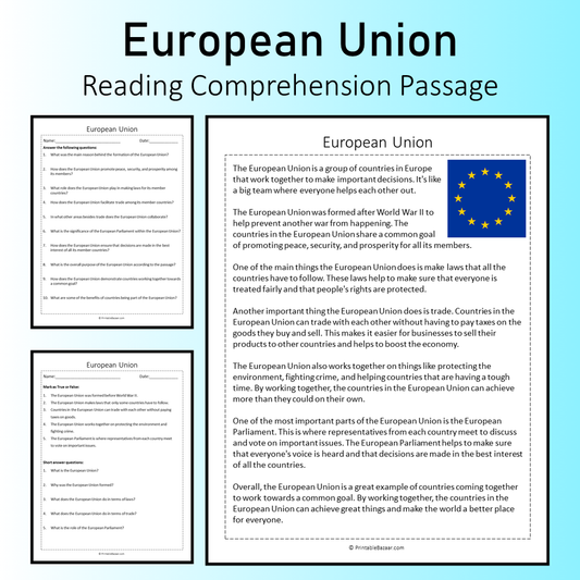 European Union | Reading Comprehension Passage Printable Worksheet