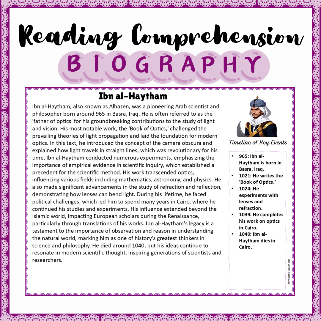 Ibn al-Haytham | Biography Reading Comprehension and Questions Worksheet