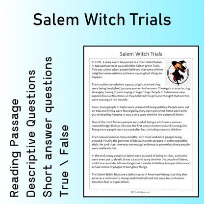 Salem Witch Trials | Reading Comprehension Passage Printable Worksheet