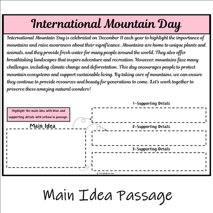 International Mountain Day | Main Idea and Supporting Details Reading Passage and Questions