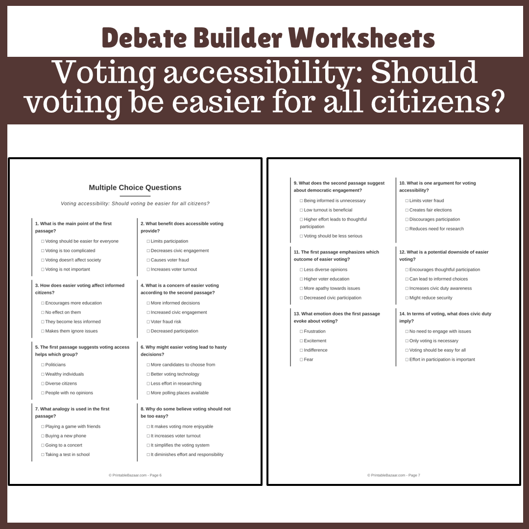 Voting accessibility: Should voting be easier for all citizens? | Favour and Against Worksheet Printable Activity