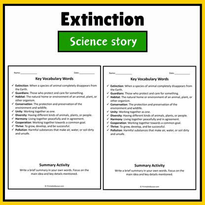 Extinction | Science Story Reading Comprehension Activity