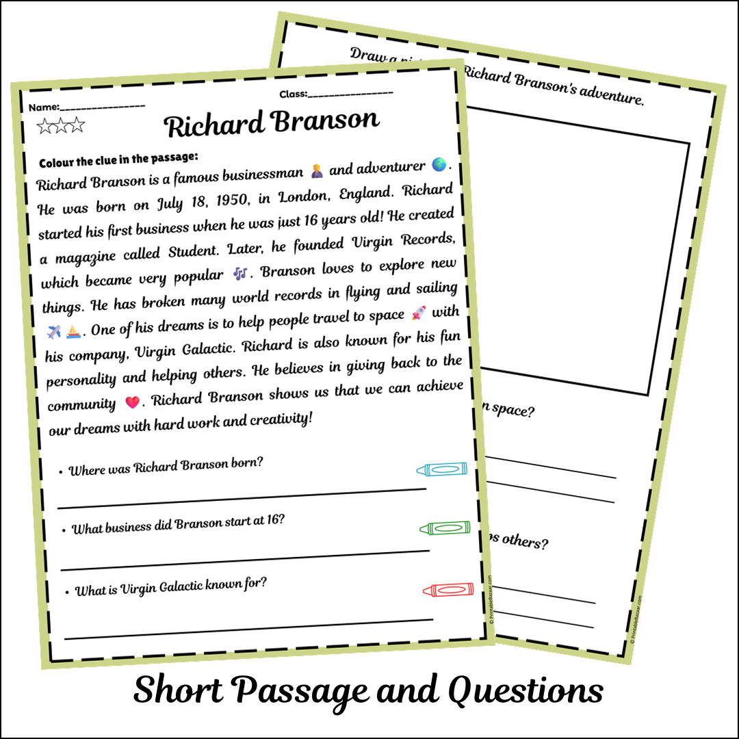 Richard Branson | Short Reading Comprehension Creative Worksheet