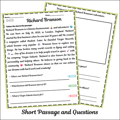 Richard Branson | Short Reading Comprehension Creative Worksheet