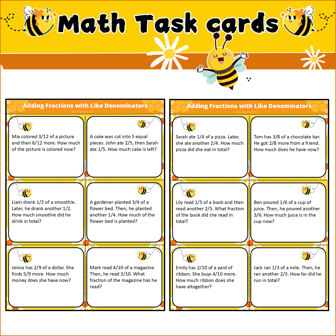 Adding Fractions with Like Denominators | Math Task Cards